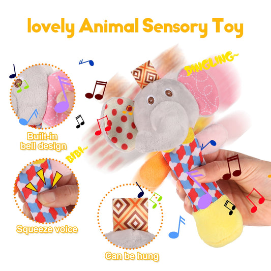 KABOER 3 Pcs Baby Soft Rattles Toys, Baby Sensory Rattle Toys, Plush Animal Rattle Toys, Infant Squeak Sound Sensory Toys for 0-6 Months Newborn