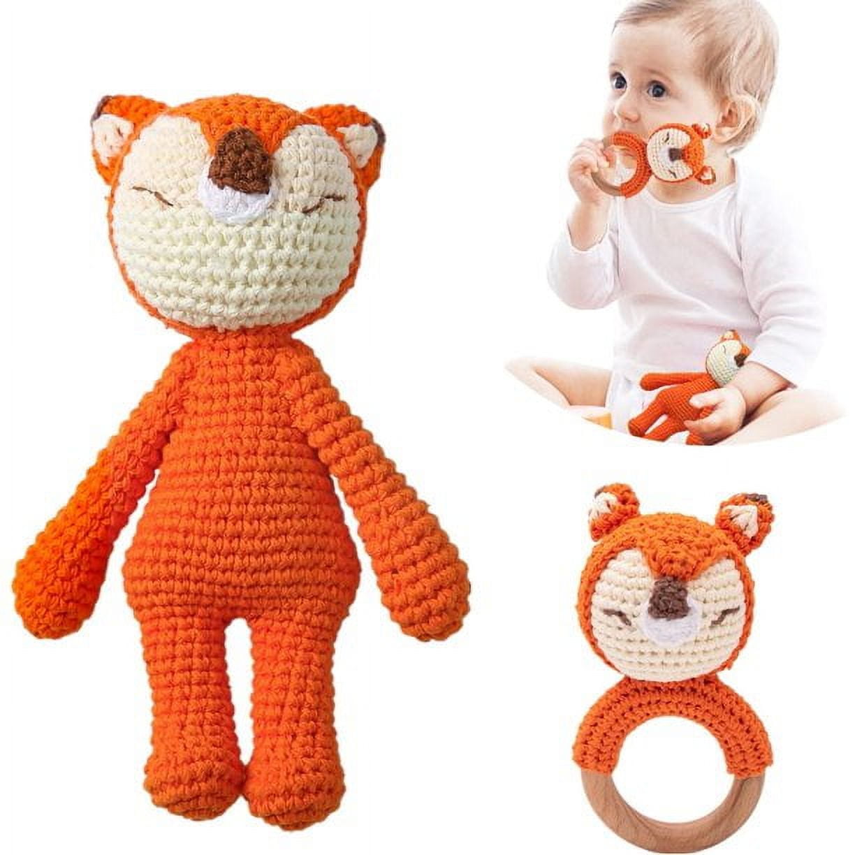 2PC Wooden Baby Fox Rattle & Crochet Doll Plush Stuffed Fox Animals Toy for Newborn Baby 3-6 Months | 100% Handmade Infant Soothe Toys for Sensory and Early Grips Development