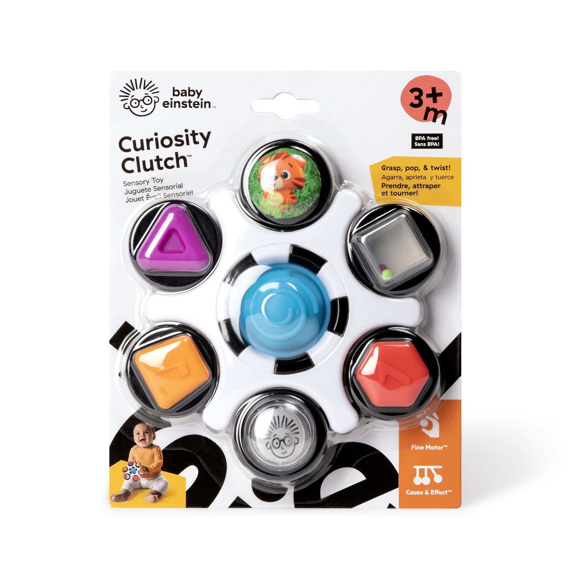 Baby Einstein Curiosity Clutch Twist and Pop Rattle Teether Infant Toy for Discovering Textures, Colors, Shapes, 3 Months+