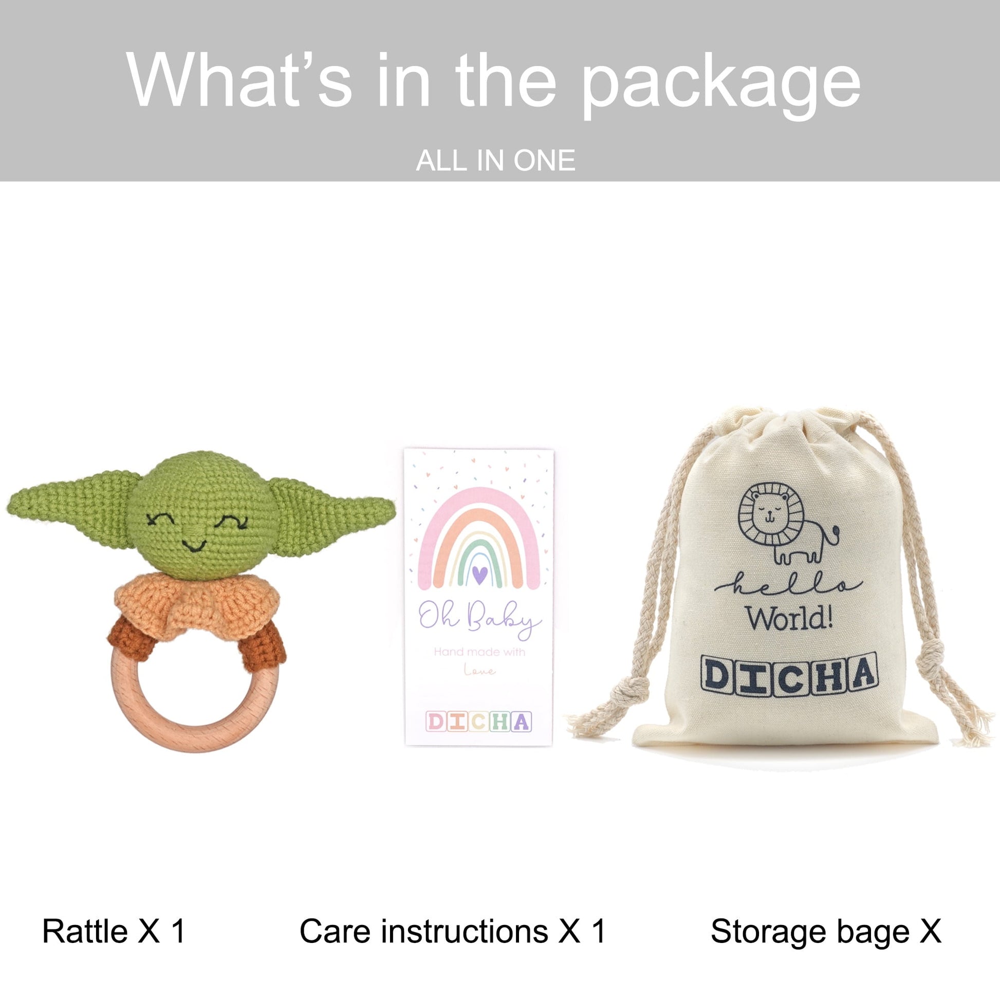 DICHA Crochet Baby Rattle- Beech Wooden Baby Teether-Infant Rattle Sensory Development Wooden Toys Set- Baby Teether for The Baby Child Fans-Baby Rattle for Yoda Fans