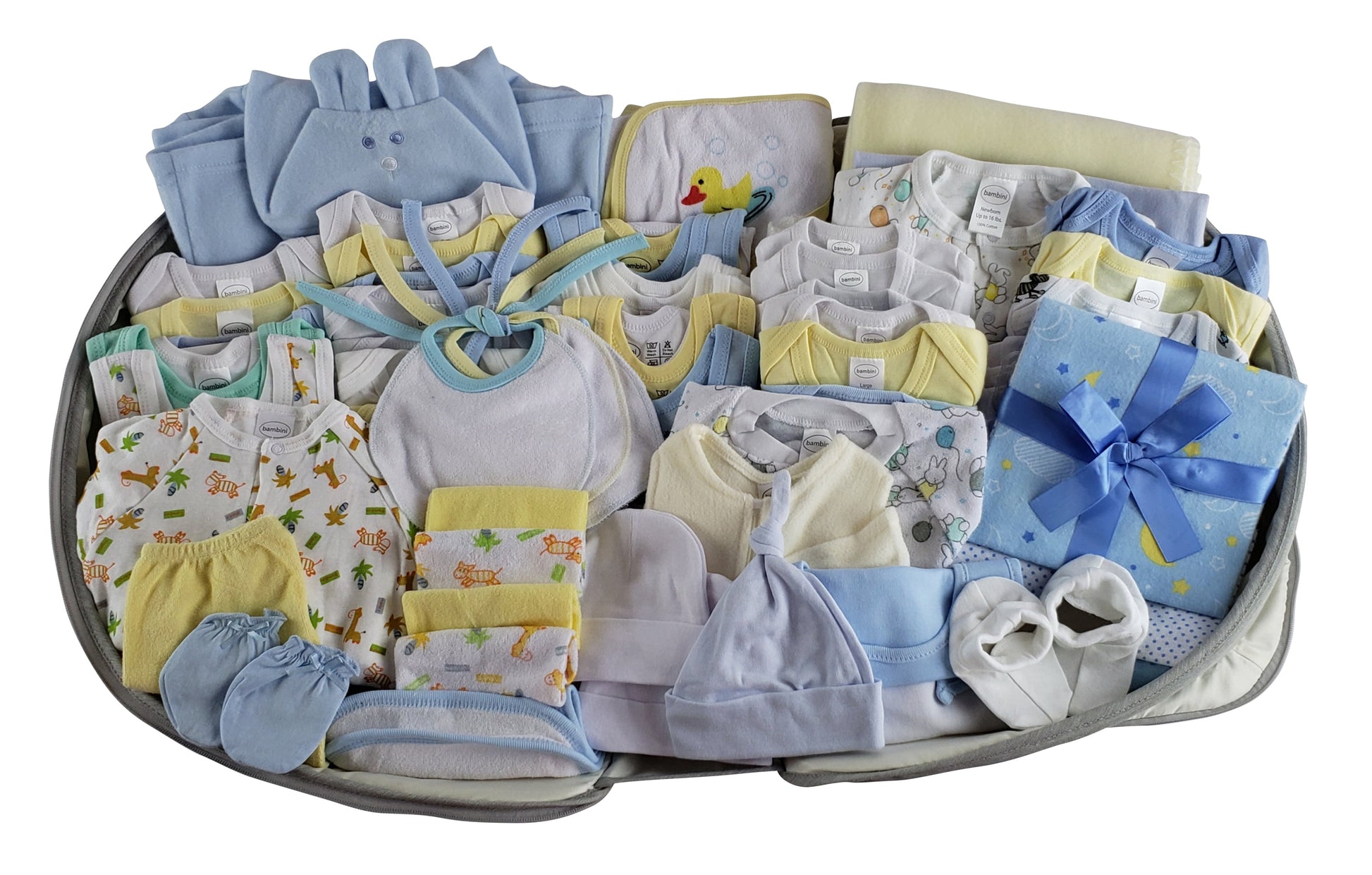 62 pc Baby Boys Clothing Starter Set with All-in-one Portable Bassinet Foldable Baby Bed, Travel Crib Infant and Diaper Bag Changing Station