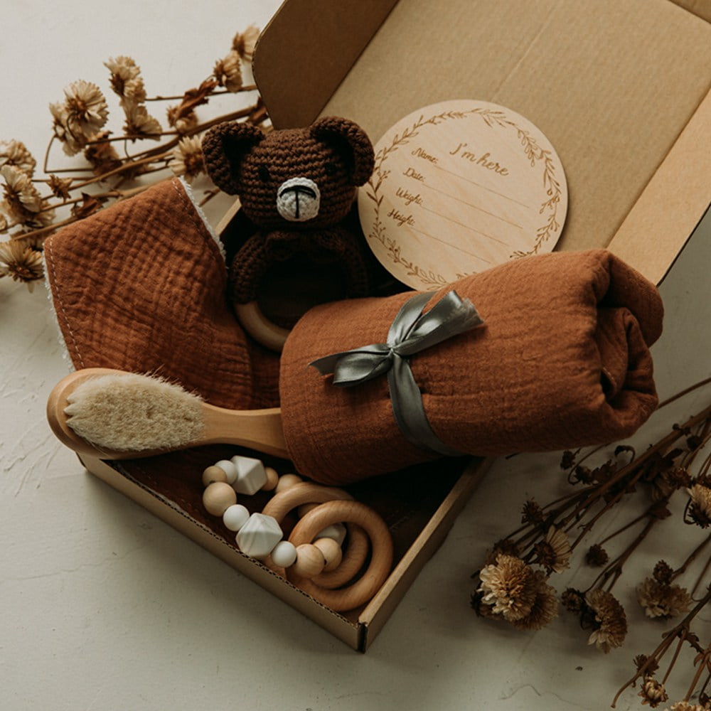 Mamimami Home Baby Care Newborn Set With Towel Bear Rattle Hair Brush 6PCS Brown