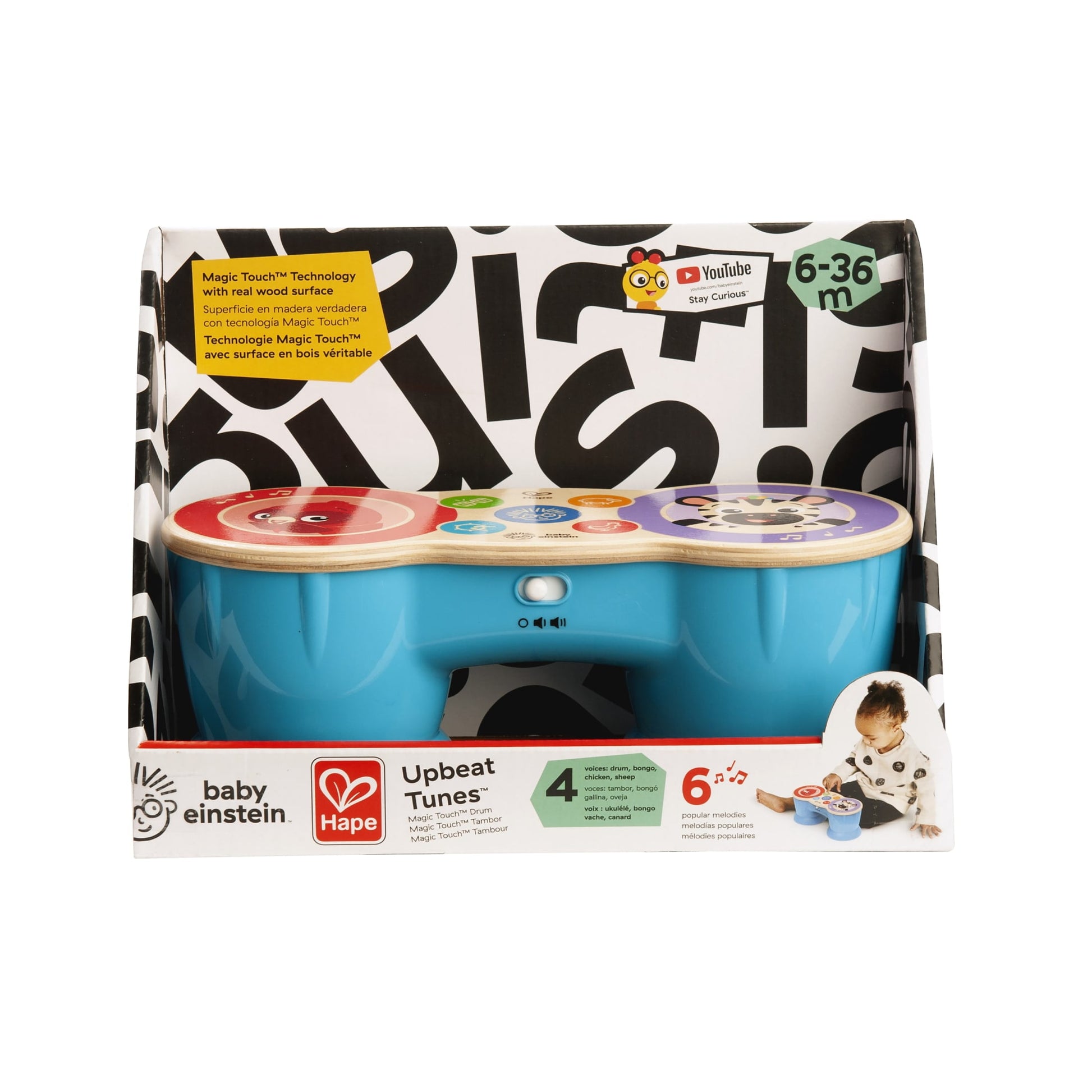 Baby Einstein & Hape Upbeat Tunes Magic Touch Wooden Drums​ Infant and Toddler Musical Toy, Unisex