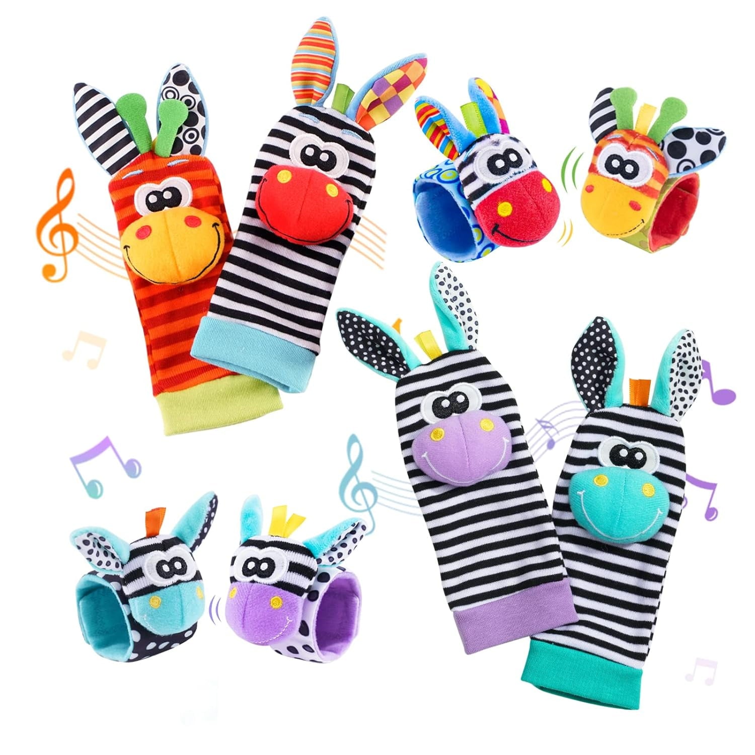8Pcs Baby Wrist Rattles Foot Finder Socks Set, Wrist Rattle Arm Hand and Rattle Leg Ankle Socks, Newborn Soft Sensory Toys, Baby Socks Infant Wrist Rattles for Babies 0-6 Months, Baby Gift 0-12 Months