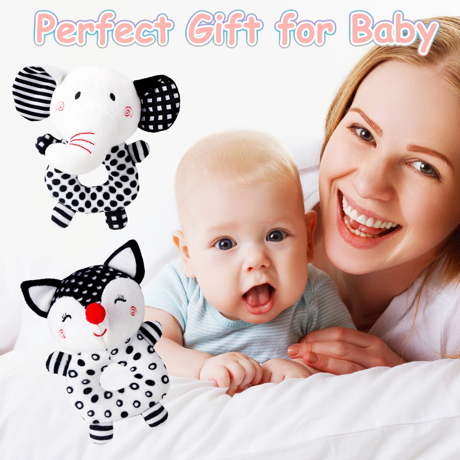 sixwipe 2Pcs Baby Rattle Toys, Infant Soft Stuffed Animal Rattles Set, Newborn Soft Handbell Grab Shaker for 0 3 6 9 12 Months Babay