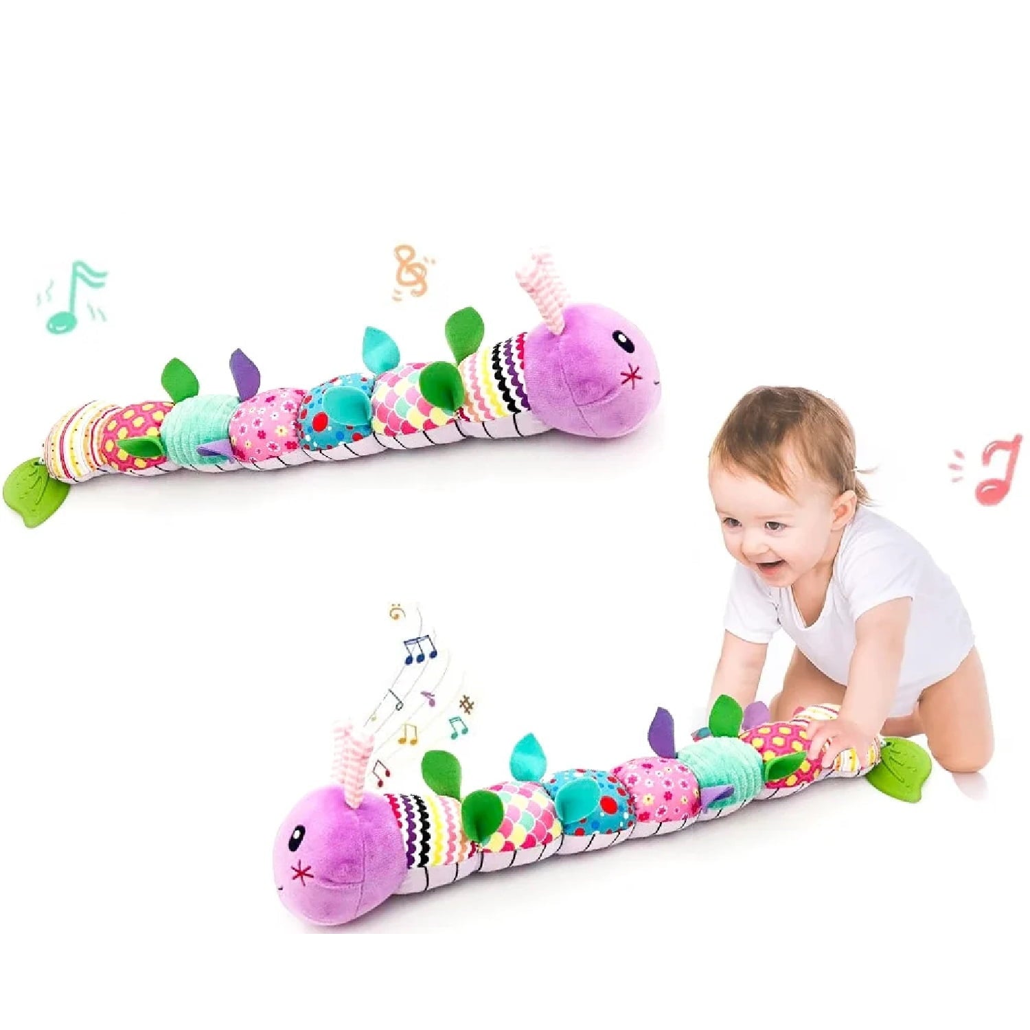 Adakot Baby Toys 0-6 Months, Musical Caterpillar Infant Toy with Multi-Sensory Crinkle, Rattle and Textures, Learning Activity Toys Gifts for Newborn 1 2 Year Old Boys Girls, Purple