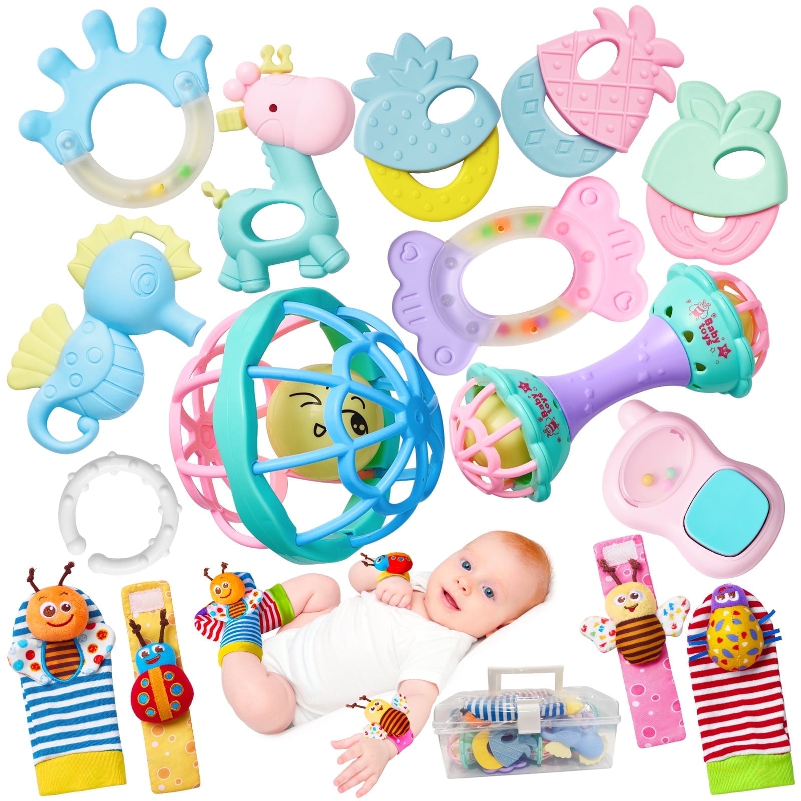 15PCS Baby Rattles 0-6 Months Baby Girl Boy Toys Infant Toys 6-12 Months Teething Toy 3-6 Months with Wrist&Ankle Rattles Newborn Toys Gifts 0-3 Months with Box