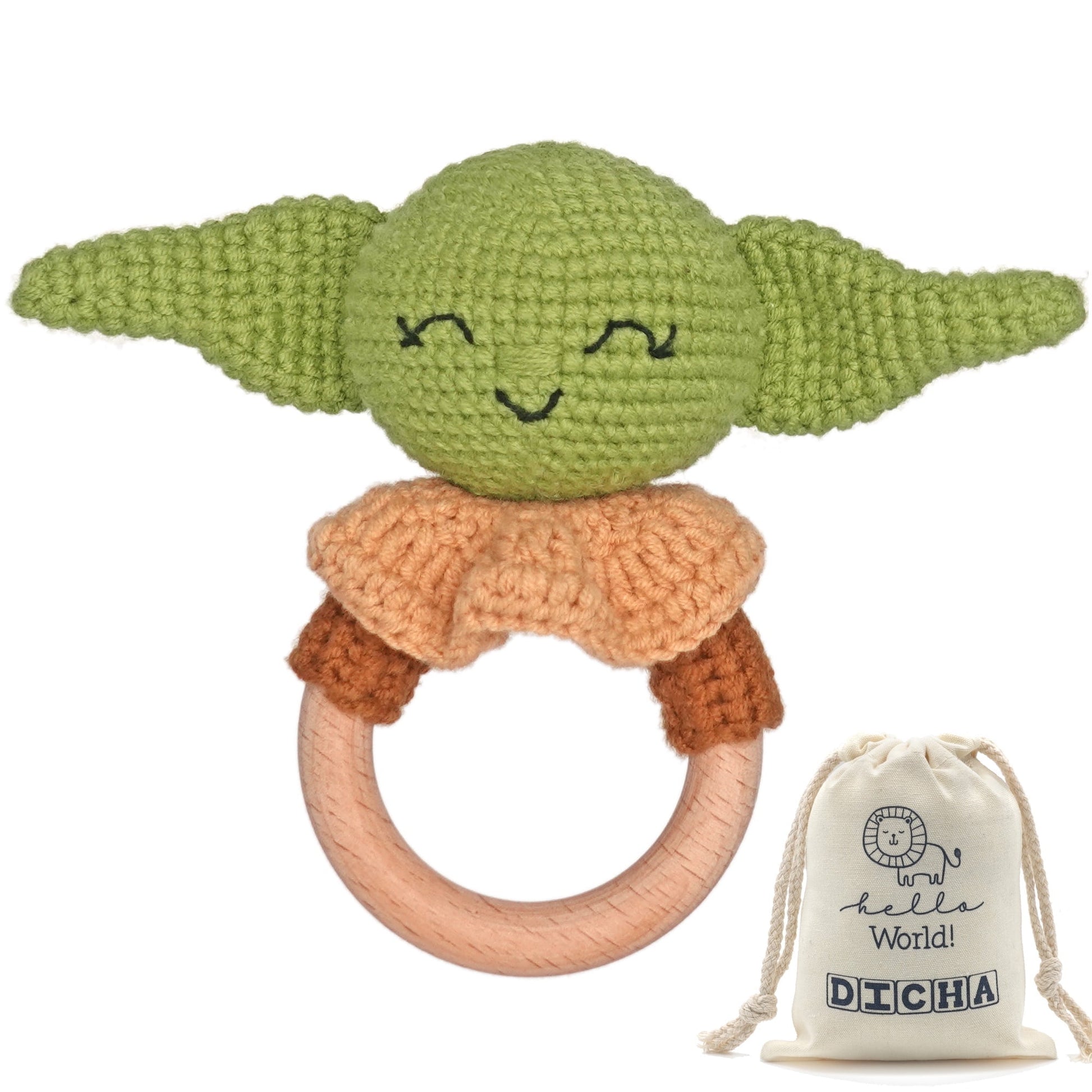 DICHA Crochet Baby Rattle- Beech Wooden Baby Teether-Infant Rattle Sensory Development Wooden Toys Set- Baby Teether for The Baby Child Fans-Baby Rattle for Yoda Fans