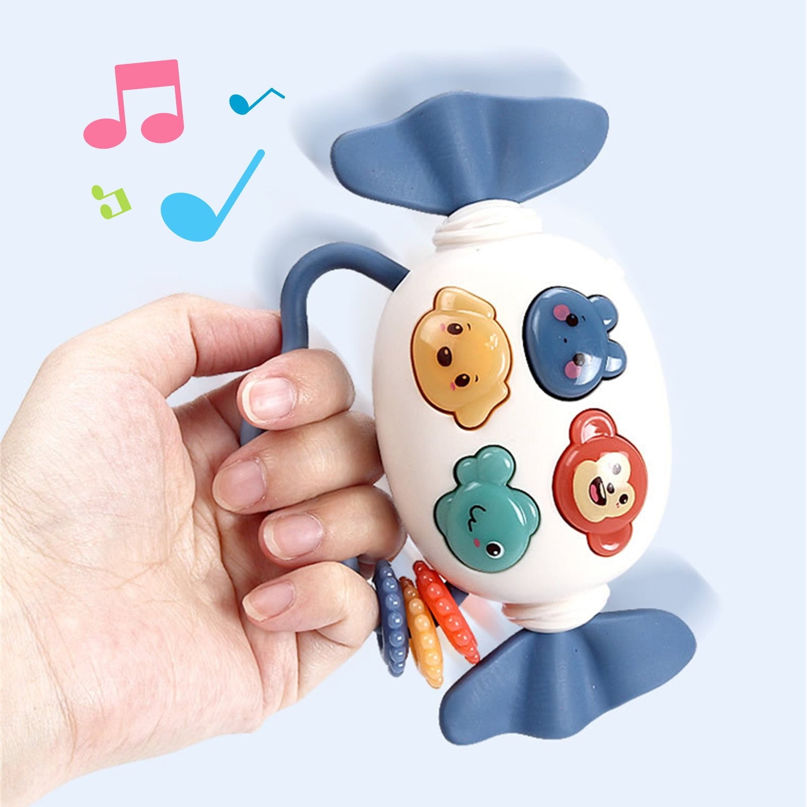 Infant Rattle Toy with Music Food Grade Silicone Teether Easy Grip Candy Shaker for Newborns Early Education Sensory Development Gift(Blue)