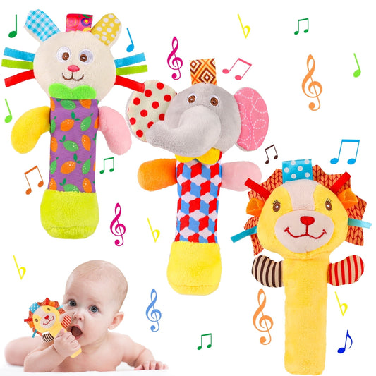 KABOER 3 Pcs Baby Soft Rattles Toys, Baby Sensory Rattle Toys, Plush Animal Rattle Toys, Infant Squeak Sound Sensory Toys for 0-6 Months Newborn