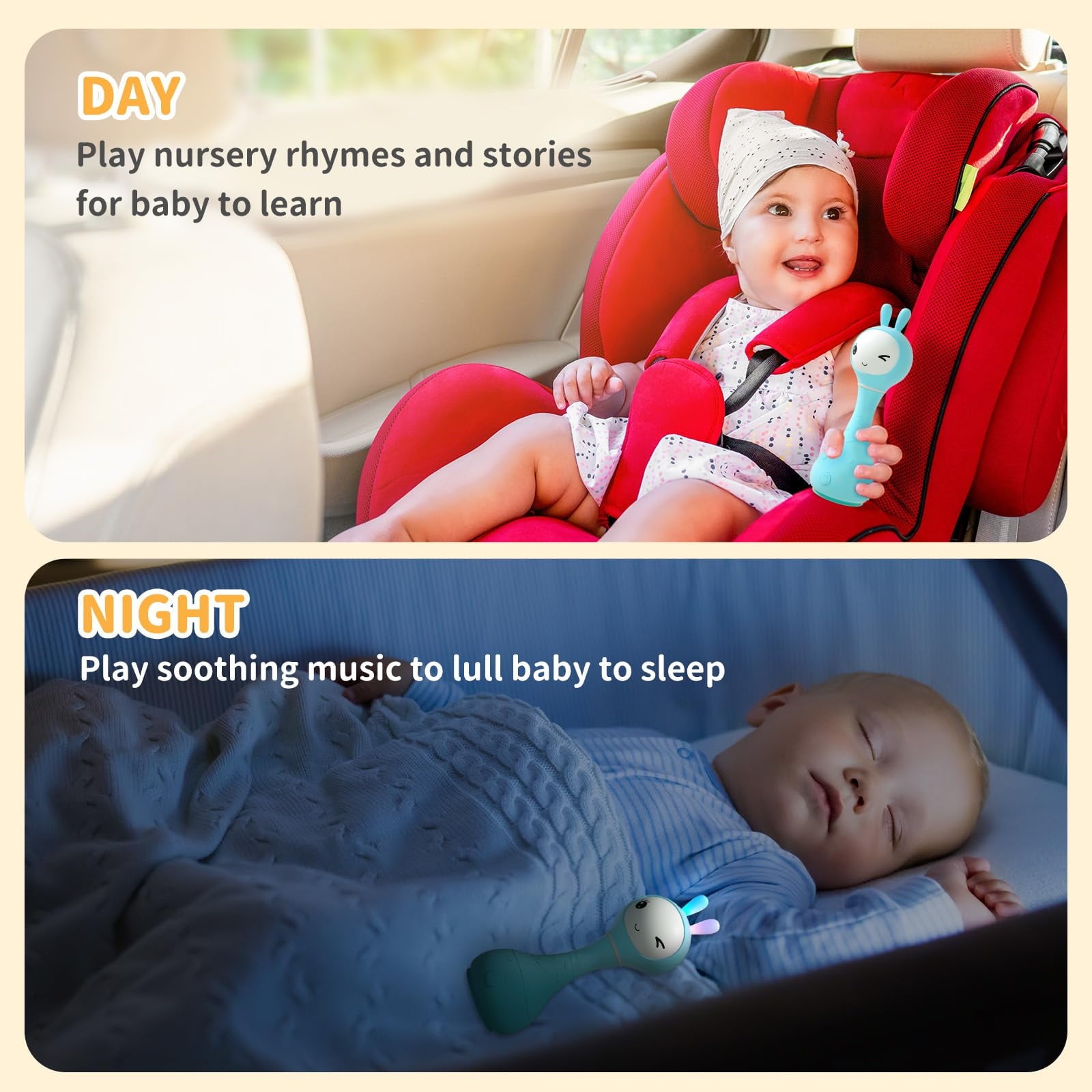 alilo Smarty Bunny Baby Rattle - Infants Musical Light Up Toys for 0-24 Months - Nursery Rhymes, Stories, White Noise, and Colour Recognition - Newborn Gift