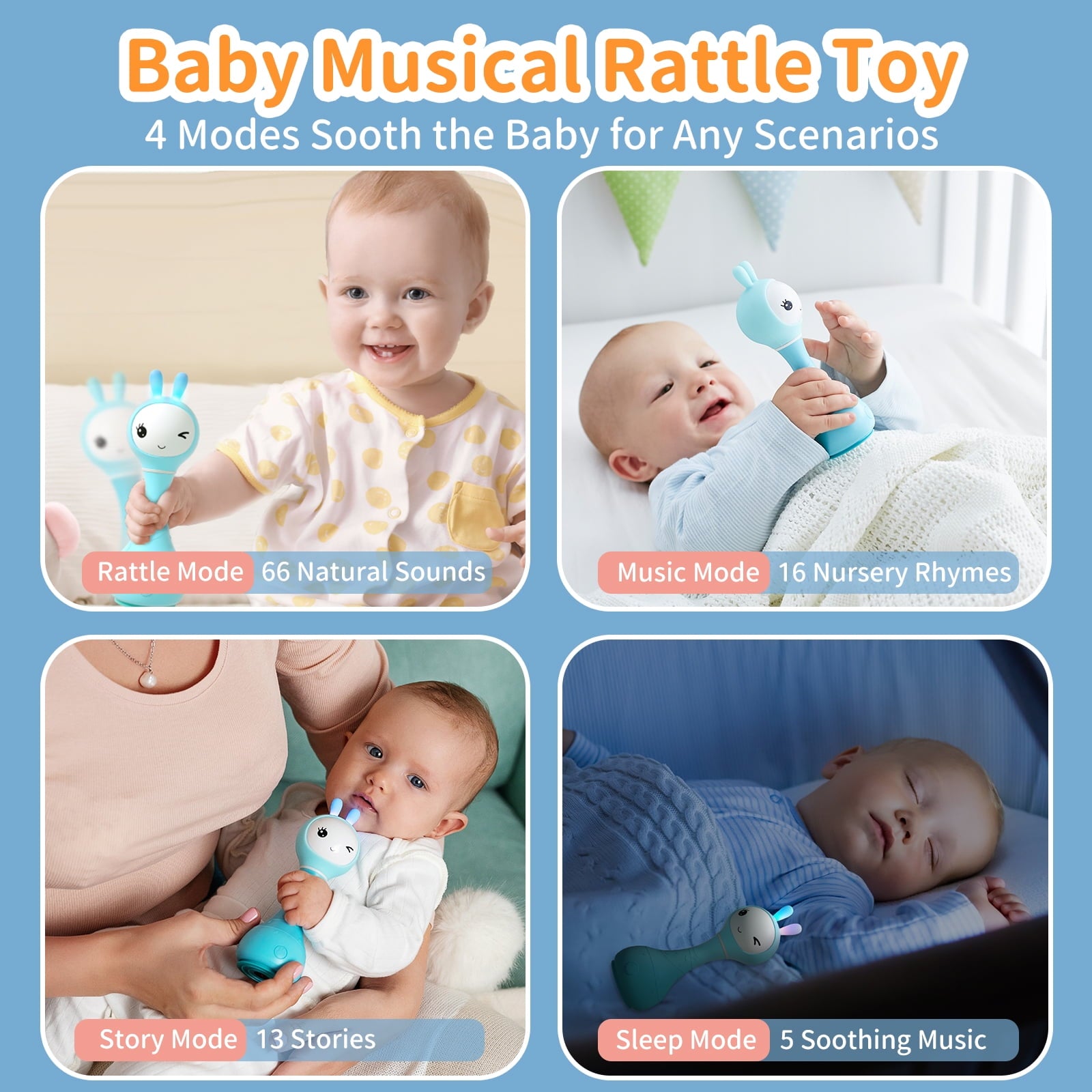 alilo Smarty Bunny Baby Rattle - Infants Musical Light Up Toys for 0-24 Months - Nursery Rhymes, Stories, White Noise, and Colour Recognition - Newborn Gift