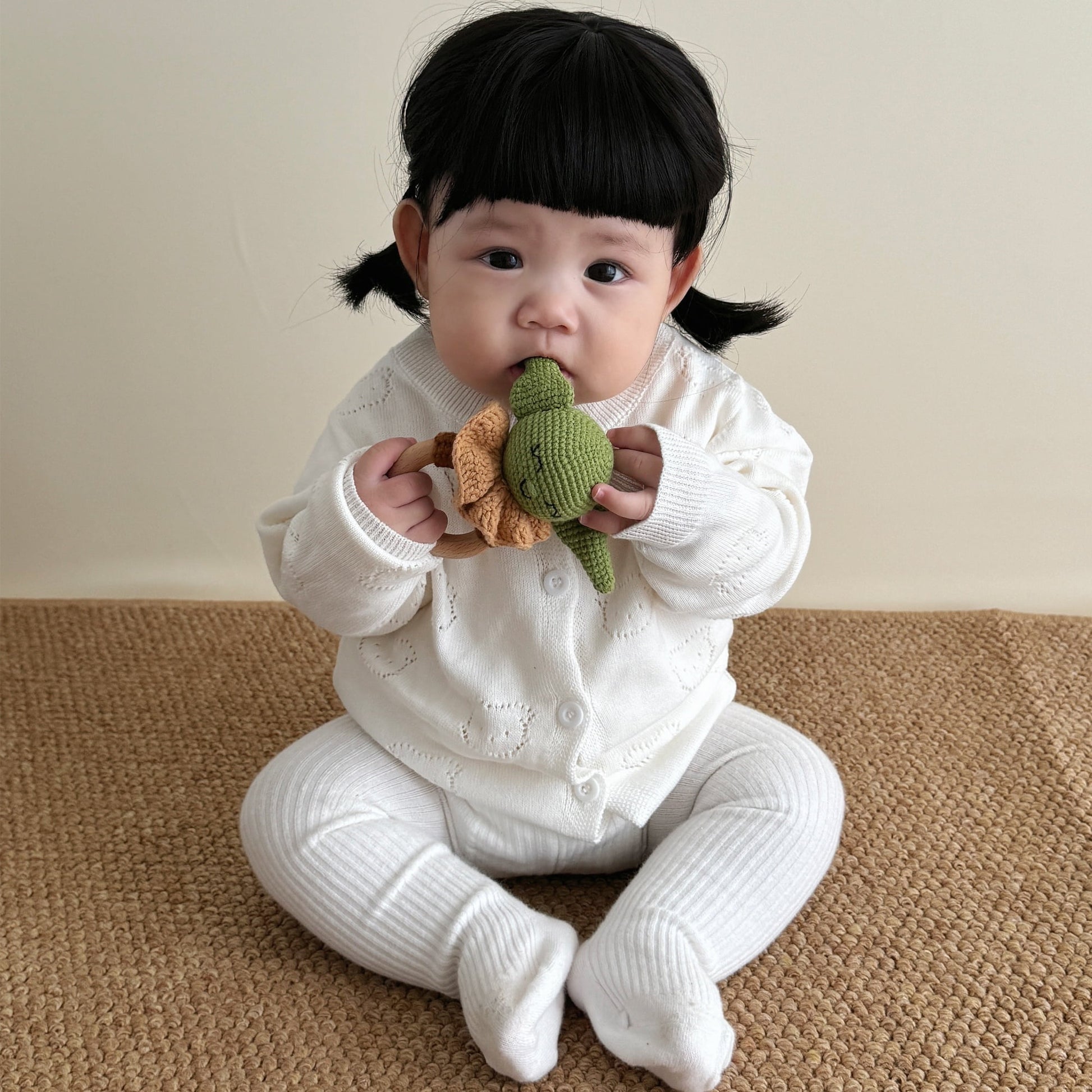 DICHA Crochet Baby Rattle- Beech Wooden Baby Teether-Infant Rattle Sensory Development Wooden Toys Set- Baby Teether for The Baby Child Fans-Baby Rattle for Yoda Fans