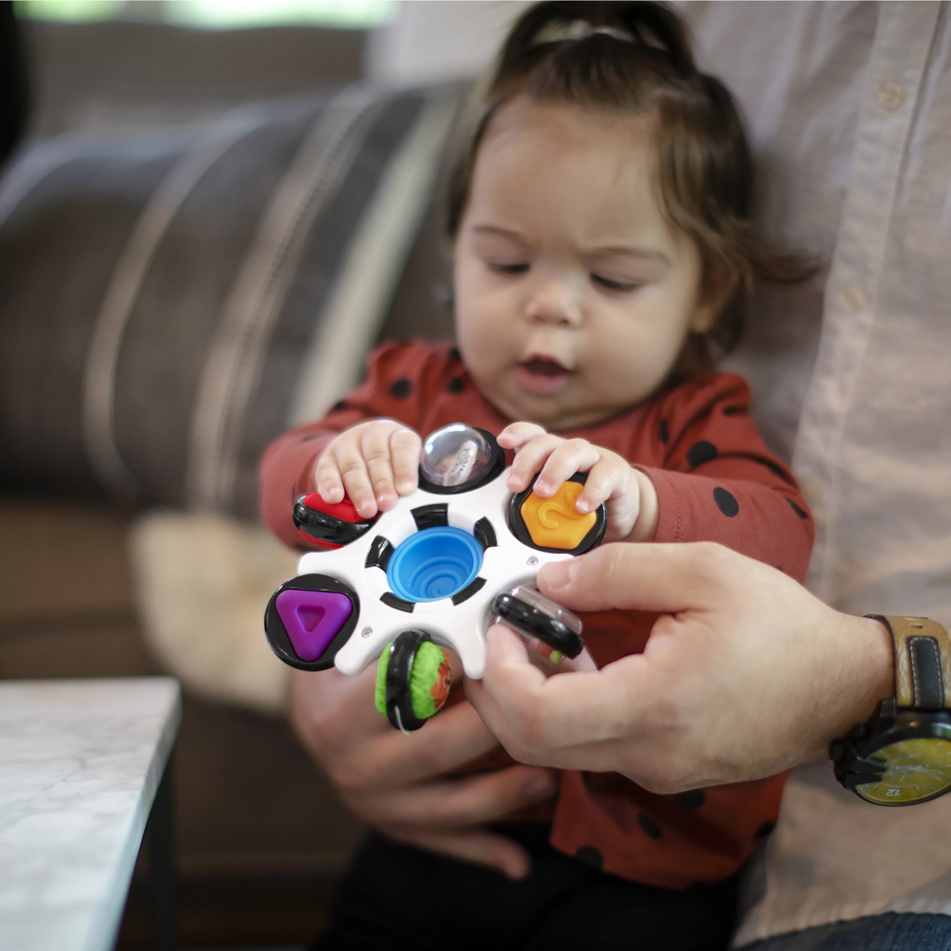 Baby Einstein Curiosity Clutch Twist and Pop Rattle Teether Infant Toy for Discovering Textures, Colors, Shapes, 3 Months+