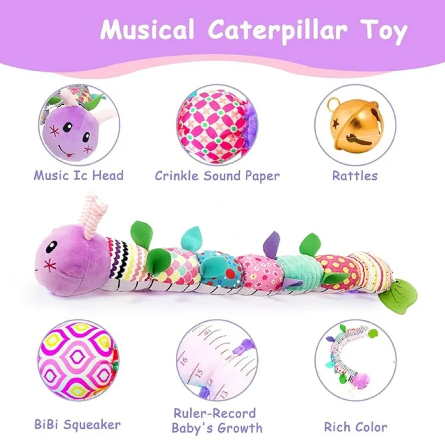 Adakot Baby Toys 0-6 Months, Musical Caterpillar Infant Toy with Multi-Sensory Crinkle, Rattle and Textures, Learning Activity Toys Gifts for Newborn 1 2 Year Old Boys Girls, Purple