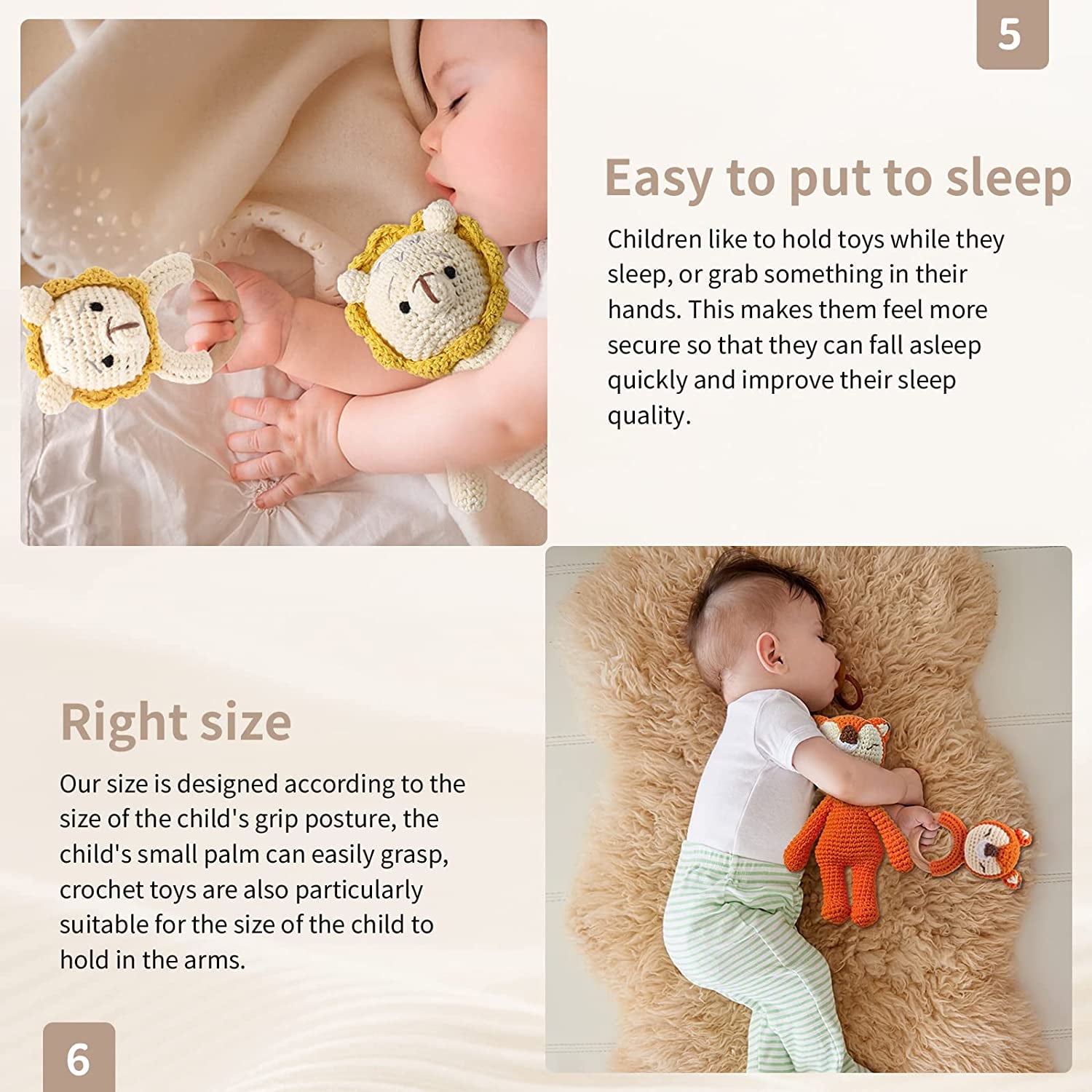 2PC Wooden Baby Fox Rattle & Crochet Doll Plush Stuffed Fox Animals Toy for Newborn Baby 3-6 Months | 100% Handmade Infant Soothe Toys for Sensory and Early Grips Development