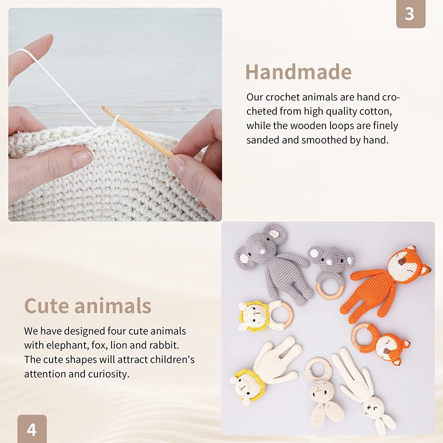 2PC Wooden Baby Fox Rattle & Crochet Doll Plush Stuffed Fox Animals Toy for Newborn Baby 3-6 Months | 100% Handmade Infant Soothe Toys for Sensory and Early Grips Development