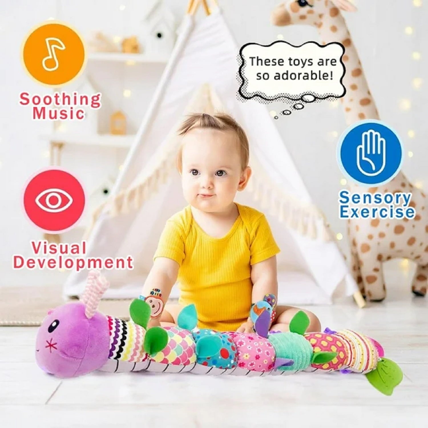 Adakot Baby Toys 0-6 Months, Musical Caterpillar Infant Toy with Multi-Sensory Crinkle, Rattle and Textures, Learning Activity Toys Gifts for Newborn 1 2 Year Old Boys Girls, Purple