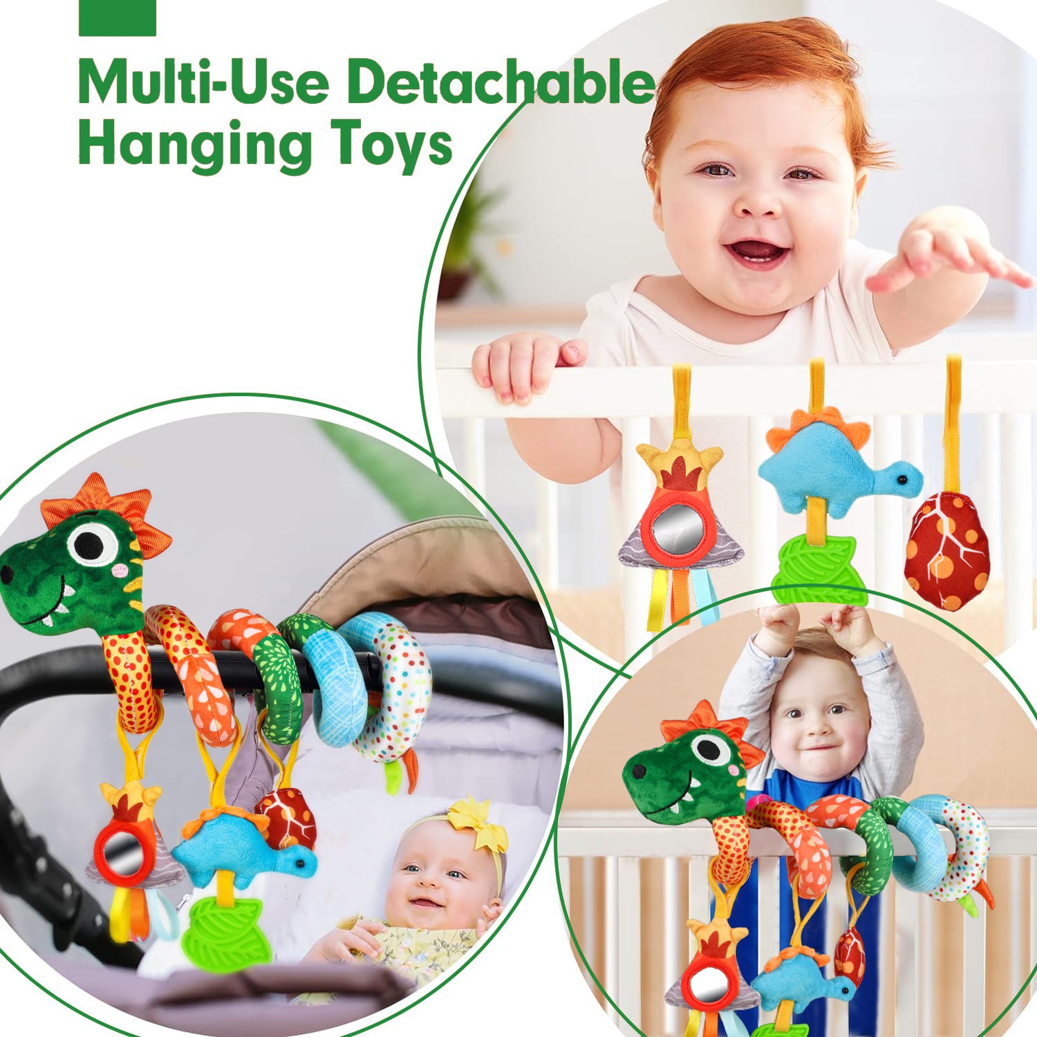 Baby Car Seat Toy - Infant Baby Dinosaur Crib Bed Around Rattle Bell Cartoon Dinosaur Spiral Hanging Newborn Toy for 0 3 6 9 12 Months Baby