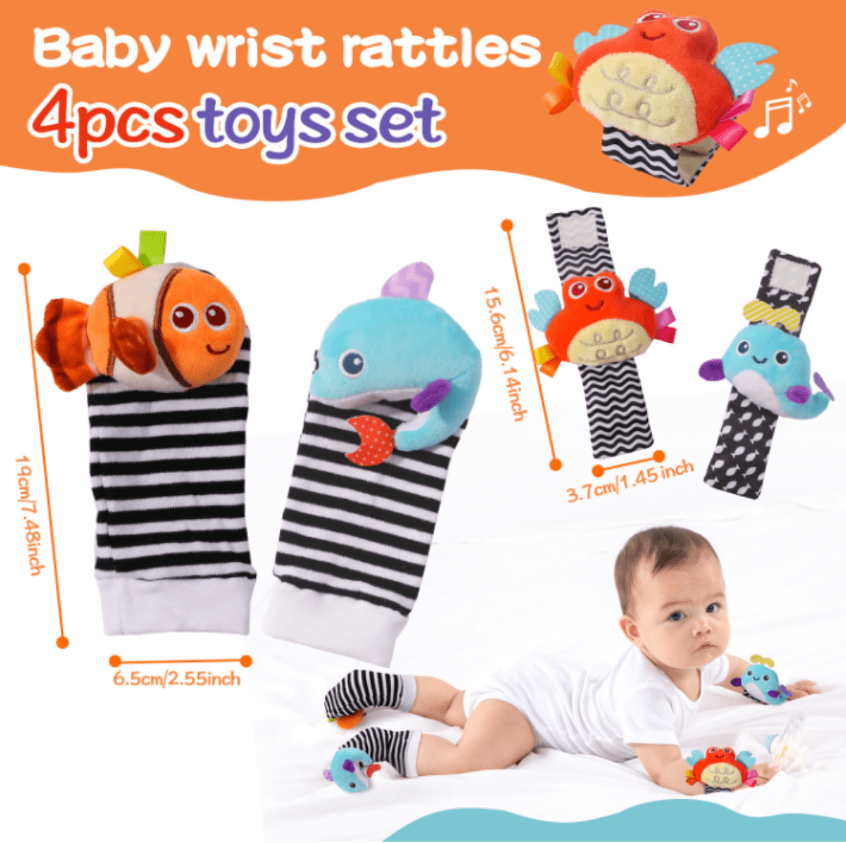 4PCS Cute Sea Animal Baby Rattle Socks & Wrist Toys,Newborn Toys for Baby Boy Girl - Development Learning Infant Toys for 0-6, 6-12 Months Babies - Newborn Brithday Christmas Gifts